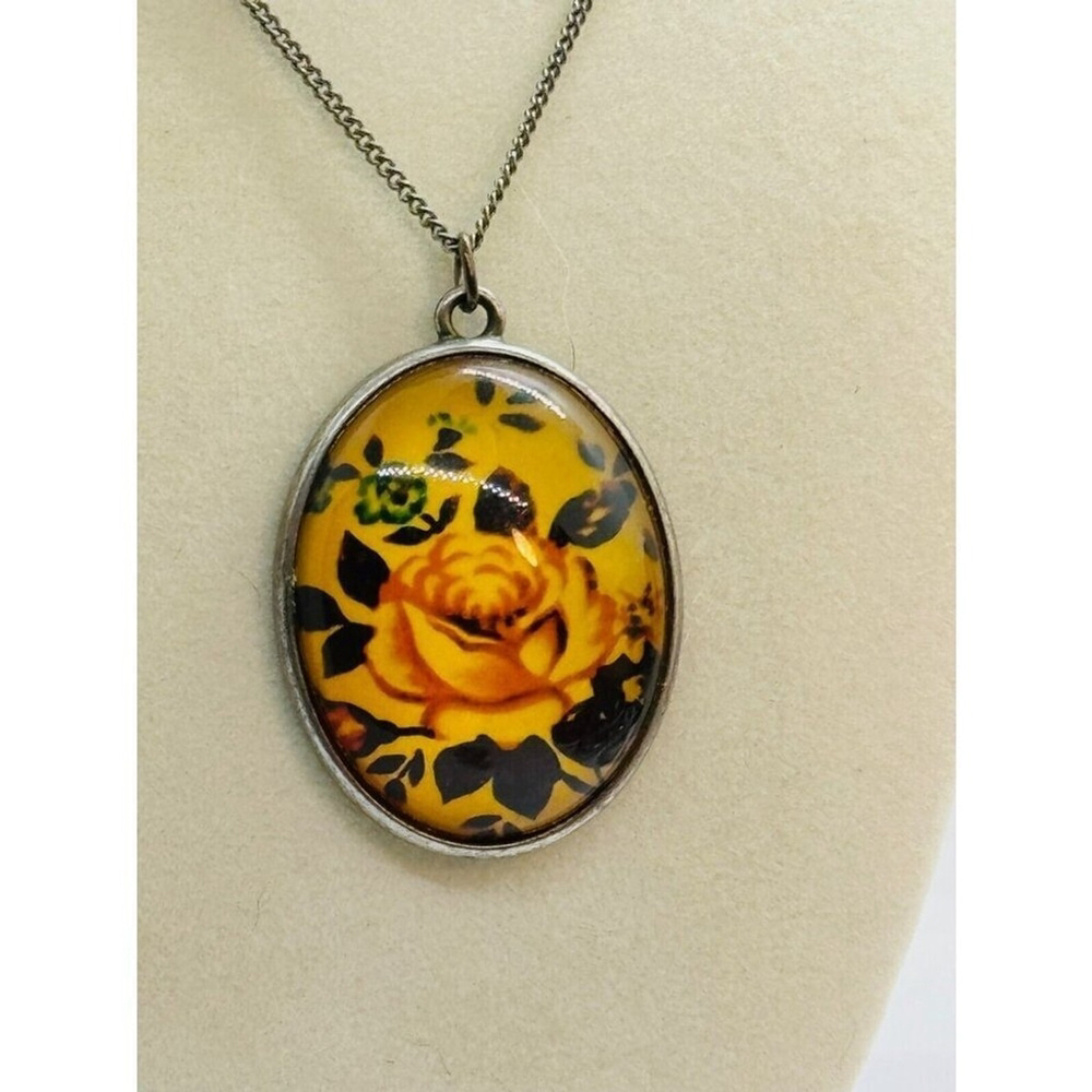 Vintage Yellow Rose Oval Pendant Necklace‎ 22"